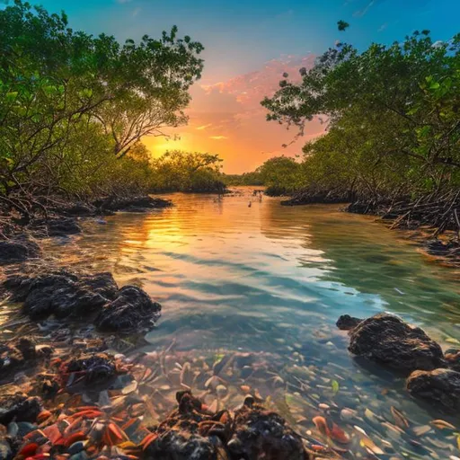 Prompt: Dawn over a lush mangrove shoreline with rocks, sand, corals, birds, fishes, crabs, and wildlife in acrylic