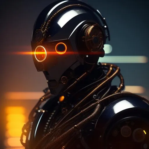 Prompt: Please produce a photograph of a steampunk robotic beautiful male android, dark skin, with fantasy colors, flashy lights, in a dark background, high quality, trending art, trending on artstation, sharp focus, studio photo, intricate details, highly detailed, UHD, HDR, 8K, ((Masterpiece))