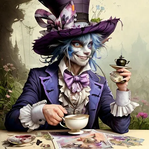 Prompt: Mad Hatter tries serving the Cheshire Cat a cup of tea : crayon Caricature : by Jean Baptiste monge, Ismail Inceoglu, Karol Bak, Tyler Edlin, album art, anthromorphic, character design, detailed crayon, vivid colors, hyperdetailed, whimsical background, hyperrealism, photorealism, a masterpiece, by Greg Rutkowski, trending on artstation