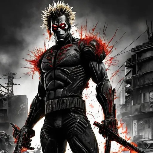 Prompt: Gritty Todd McFarlane style All Might, all black camo. Full body. Imperfect, Gritty, futuristic army-trained villain. Bloody. Hurt. Damaged. Accurate. realistic. evil eyes. Slow exposure. Detailed. Dirty. Dark and gritty. Post-apocalyptic Neo Tokyo .Futuristic. Shadows. Sinister. Armed. Fanatic. Intense. 