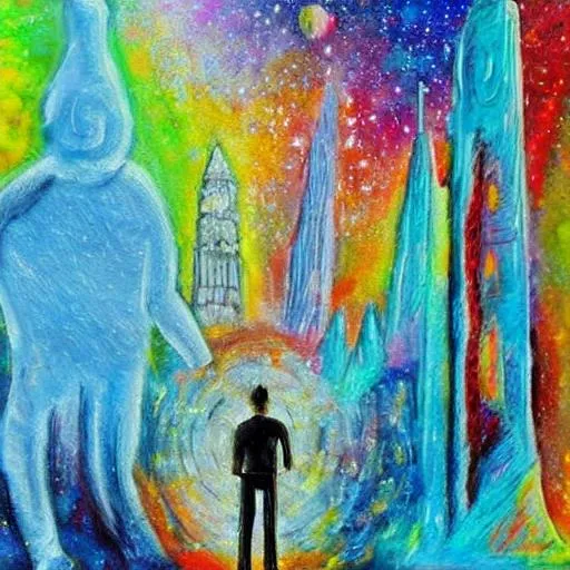 Prompt: A man connected with the universe enlightened and growing and learning on this earth while the rest of the world keeps moving with a beautiful city background humans living realistic painting details abstract art 