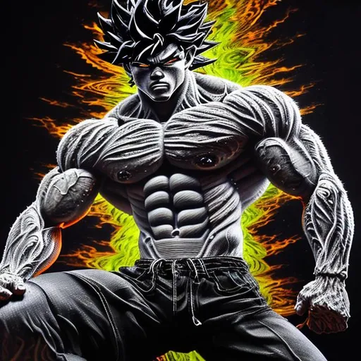 Prompt: 64K masterpiece intricate hyperdetailed breathtaking 3D glowing black oil painting medium portrait of Son Goku, black trousers, intricate hyperdetailed muscular body, intricate hyperdetailed muscles, glowing white light reflection on the muscles, hyperdetailed intricate hard standing glowing hair, hyperdetailed glowing angry white eyes, detailed face, white glowing muscles, white glowing body, white glowing skin, semi-polaroid monochrome photography, hyperdetailed complex, character concept, hyperdetailed intricate glowing shining glamorous white water drop floating in the air, very angry, intricate glowing light reflection, intricate hyperdetailed glowing iridescent reflection, strong glowing white light on the hair, contrast white head light, hyperdetailed very strong black shading, very strong black muscle shadow, professional award-winning photography, maximalist photo illustration 64k, resolution High Res intricately detailed, impressionist painting, yellow color splash, illustration, key visual, panoramic, cinematic, masterfully crafted, 8k resolution, stunning, ultra detailed, expressive, hypermaximalist, UHD, HDR, UHD render, 3D render, 64K, hyperdetailed intricate watercolor mix oil painting on the body, Toriyama Akira