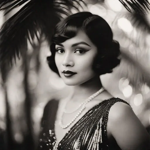 Prompt: 1920s vintage black and white photography, 3/4 body shot, pretty young Indonesian woman, 25 year old, (round face, high cheekbones, almond-shaped brown eyes, small delicate nose), short black bob hair, 1920s flapper dress, background tropical nightclub, bokeh, 1920s film grain, masterpiece, intricate detail