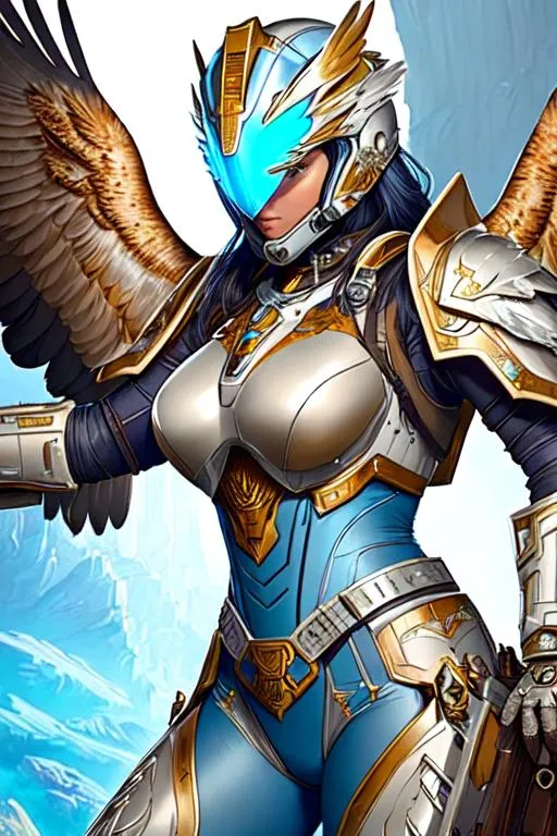 Prompt: Poster art, high-quality high-detail highly-detailed breathtaking hero ((by Aleksi Briclot and Stanley Artgerm Lau)) - ((a Eagle)),  detailed eagle mech suit, eagle head, 8k ivory and baby blue helmet, highly detailed eagle head helmet, add some baby blue, glowing chest emblem ,carbon fibre helmet, mech armor, detailed feathers, queen of the eagles, detailed ivory mech suit, full body, black futuristic mech armor, wearing mech armour suit, 8k,  full form, detailed forest wilderness setting, full form, epic, 8k HD, ice, sharp focus, ultra realistic clarity. Hyper realistic, Detailed face, portrait, realistic, close to perfection, more black in the armour, 
wearing blue and black cape, wearing carbon black cloak with yellow, full body, high quality cell shaded illustration, ((full body)), dynamic pose, perfect anatomy, centered, freedom, soul, Black short hair, approach to perfection, cell shading, 8k , cinematic dramatic atmosphere, watercolor painting, global illumination, detailed and intricate environment, artstation, concept art, fluid and sharp focus, volumetric lighting, cinematic lighting, 
