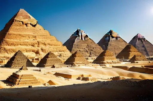 Prompt: People building the Pyramids, Photorealistic, Movie Quality, Film Quality, Hyperrealistic, Intricate Details, Hyperdetailed, Looks real, 64K resolution, #film, depth of field, dynamic lighting, 3D shading, complex, Ancient Egypt, landscape