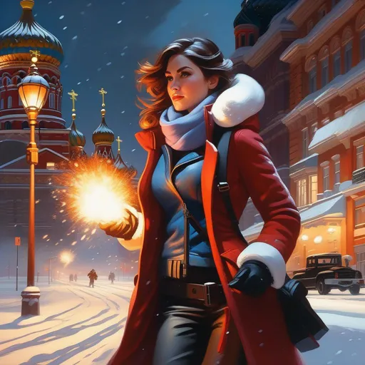 Prompt: Third person shooter, female protagonist, explosions, snow, Moscow, cartoony, cold night atmosphere, extremely detailed painting by Greg Rutkowski and by Henry Justice Ford and by Steve Henderson