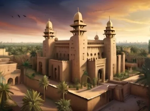 Prompt: Fantasy Illustration of the great mosque of Djenné in Mali, entire structure, garden with a well and palms, birdview, immersive world-building, high quality, detailed, epic scale, fantasy, game style, vibrant colors, atmospheric lighting, ancient african city background