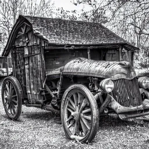 Prompt: A old car in a barn