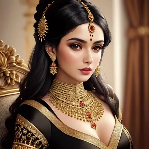 Prompt: woman beautiful dark haired woman , ornate clothes, elaborate jewels