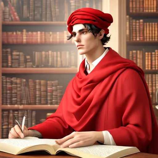 Prompt: medieval poet, good looking, front view, laurel wreath and red dress, photorealistic, half-lenght, aquiline nose, very masculine, long red hat in the background a study with bookcases and old books, 