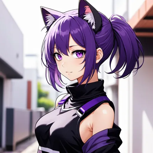 Prompt: cute,anime,purple hair,cat girl,sweat shirt(black, with a purple line,crop top), collar(cat head out line), cute, fang, purple eyes, purple tail, Nekomata Okayu,anime style,straps
, body showen,in love,love