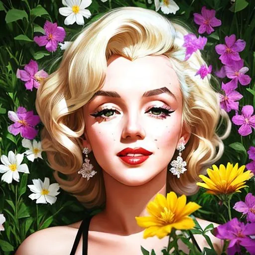 Marilyn Monroe surrounded by wildflowers,facial closeup