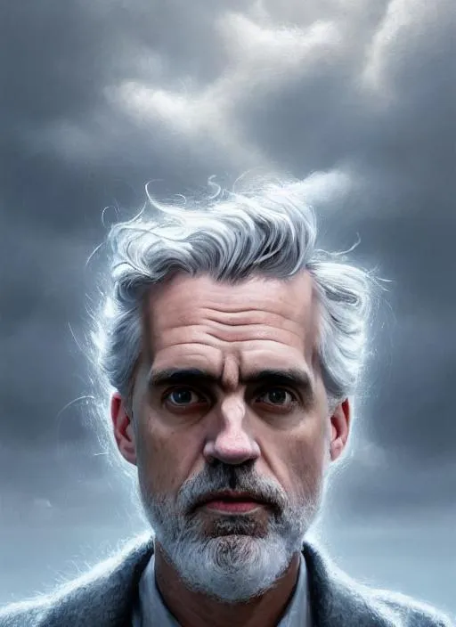Prompt: Portrait of jordan peterson with silver hair and with cute face, glowing clouds, perfect composition, hyperrealistic, super detailed, 8k, high quality, trending art, trending on artstation, sharp focus, studio photo, intricate details, highly detailed, by greg rutkowski