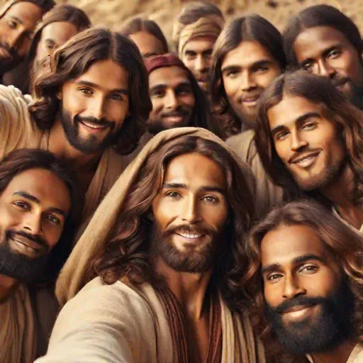 Prompt: 
jesus doing selfie with his disciples.realistics faces