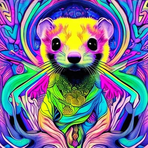 Prompt: psychedelic ilustration. acid colors. masked ferret head divinity. rainbow love lotus