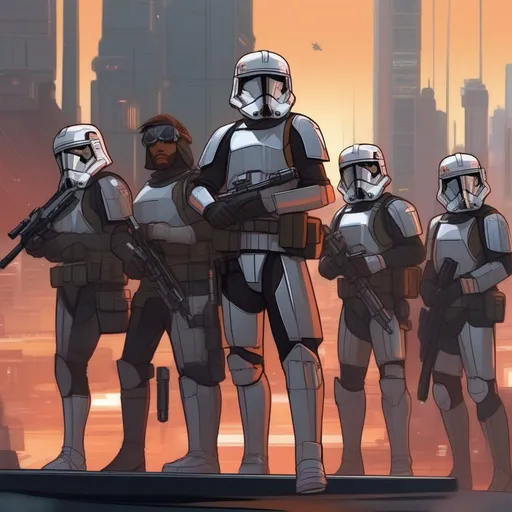 Prompt: A squad of rebel soldiers with T-shaped visor. Helmet. Grey armor. They wield s a rifle. In background a scific city. Star wars art. rpg art. 2d, 2d art.
