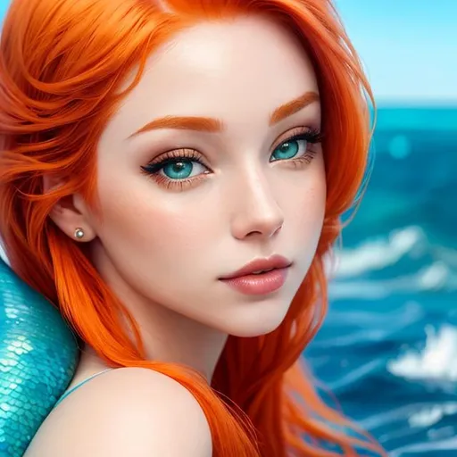 Prompt: a beautiful mermaid with pale skin and orange hair  and lips, Ariel , 4k,  facial closeup



