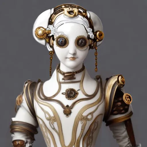 Prompt: concept sketch of a  white porcelain and bronze steampunk automaton with a white friendly face 