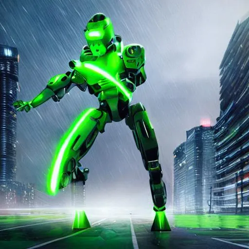 Prompt: green lightning striking robot, cyberpunk, hyper realistic, HD, 8K, matte painting, no mistakes