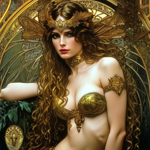 Prompt: Amazonian queen, scared, golden hair, exotic, beautiful, Alphonse Mucha, Luis Royo, Joyce ballantyne 