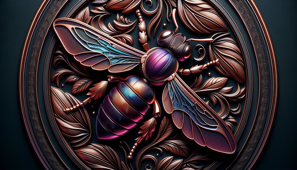 Prompt: The bee is engraved on a background, in the style of dark purple and bronze, vray tracing, colorful woodcarvings, technological art, zbrush, lush detailing, eye-catching detail in wide ratio.