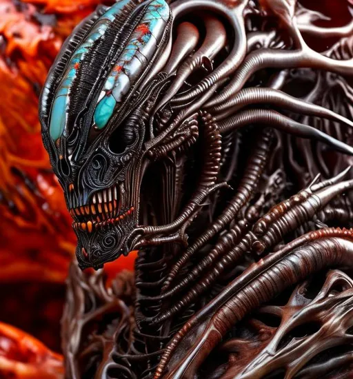 Prompt: Realistic ultra detailed pic of alien giger made of red obsidian turquoise shell bone coral jet