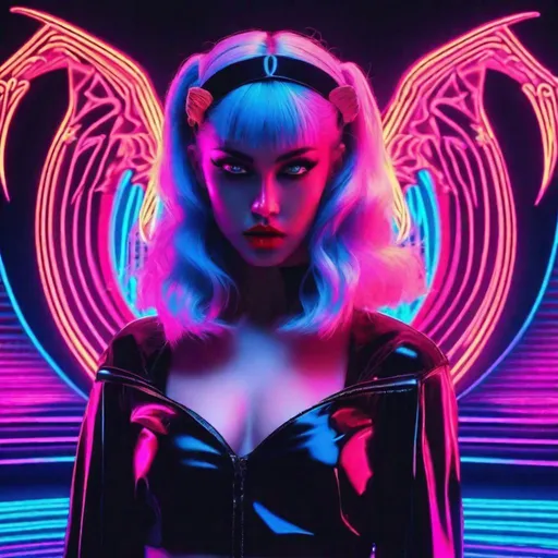 Prompt: beautiful female demon, hell, demonic, vaporwave, retro, neon, aesthetic, liminal, high quality, high definition, beautiful, dramatic lighting