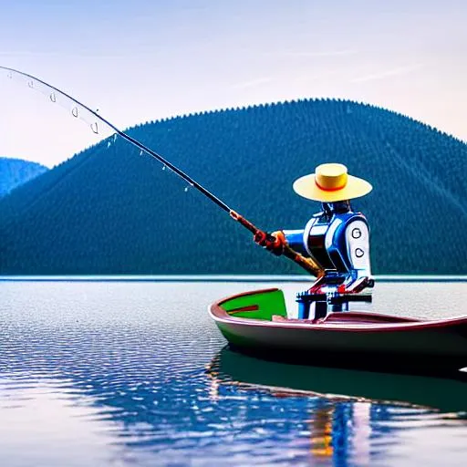 Humanoid robot, wearing hat, fishing in a boat, hype