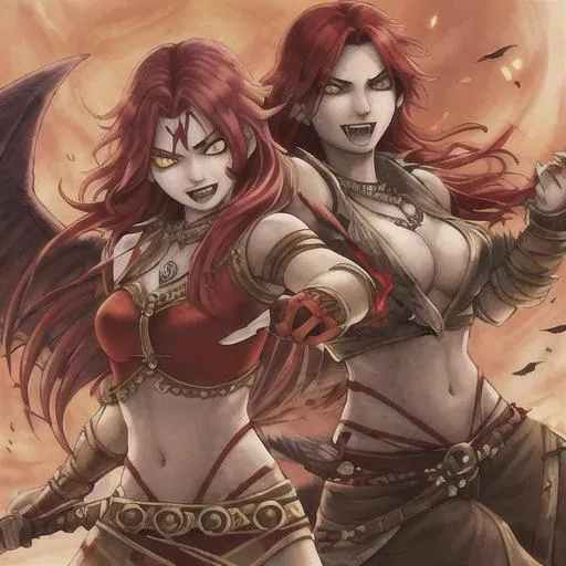 Prompt: warrior women with red hair and yellow eyes and with a necklace of wolf fangs and wings