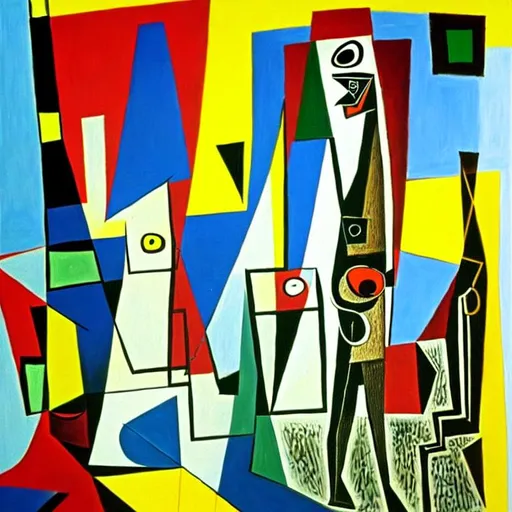 Prompt: A abstract painting big cubical background with different shapes and items and sizes of shapes textured textures into this painting different dimensions in this image different hidden items like a puzzle random lines or out of place items or things in this picture. A man walking a Dog random placement. Picasso style, Salvador Dali style neutral color scheme 