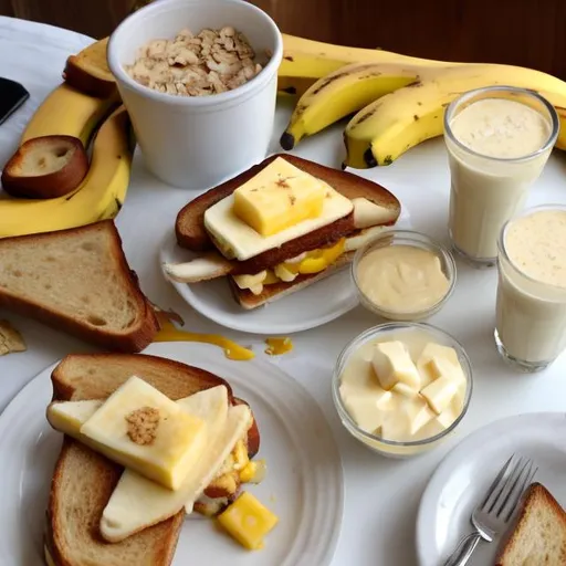 Prompt: seductress banana cheese sandwich on toast with cheese milkshake on a table made out of banana and cheese