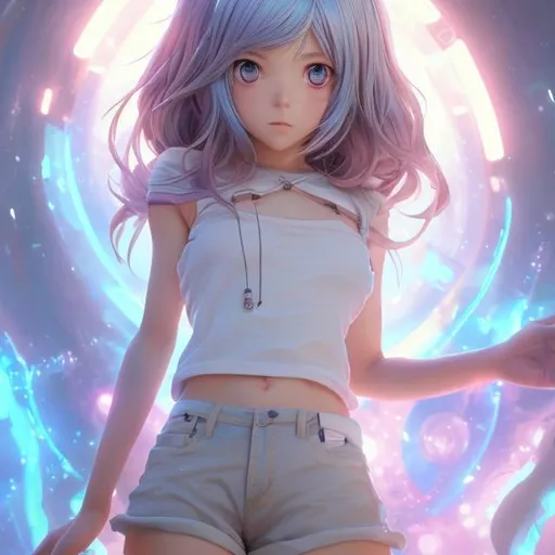 Prompt: holding iphone 14 Pro, full body shot, a cute girl, smooth soft skin,showing entire chest, big dreamy eyes,revealing clothing,beautiful light blue colored hair, revealing clothing, wearing very short pants,symmetrical, anime wide eyes, soft lighting, detailed face, by makoto shinkai, stanley artgerm lau, wlop, rossdraws, concept art, digital painting, looking into camera