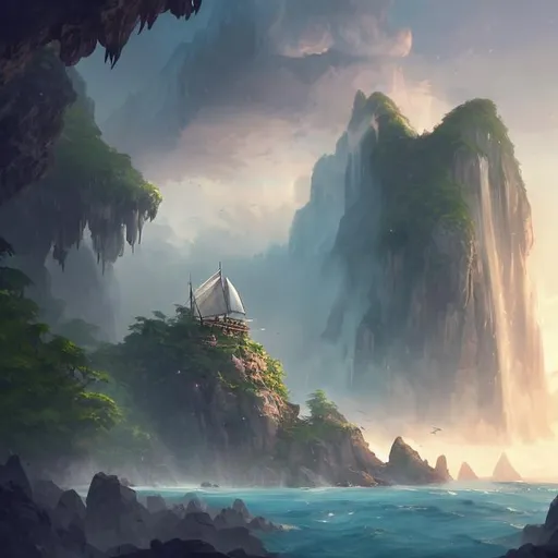 Prompt: concept art,small sailing ship through stone arch, tropical island, waterfall, 
above the clouds, , cinematic view, detailed, concept art, high detail, no building, no humans, bird made out of clouds, volumetric, beautiful, trending on artstation, by jordan grimmer, huge scene,art greg rutkowsk, 