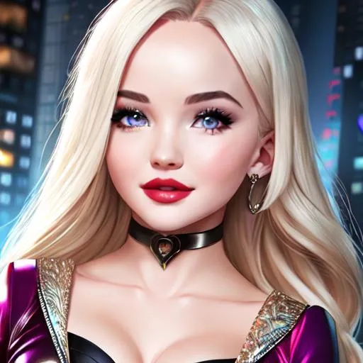 Prompt: Dove Cameron, as a villain, Hyper realistic, detailed face 