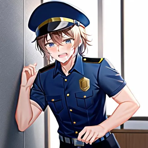 Prompt: Caleb as a police officer crying tears falling to the floor






