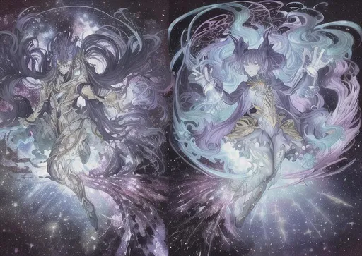Prompt: two cosmic entities one on the left and one on the right and a super nova in the middle