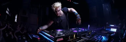 Prompt: cool dj with blond hair and dancing happy people, perfect composition, hyperrealistic, super detailed, 8k, high quality, trending art, trending on artstation, sharp focus, studio photo, intricate details, highly detailed, cyberpunk, by greg rutkowski