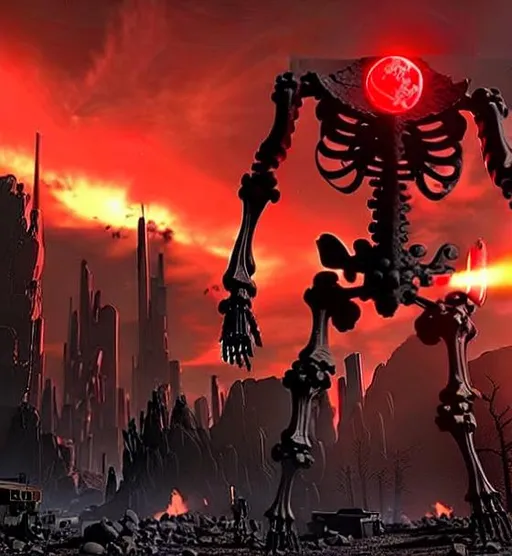 Prompt: a giant skeleton mech with glowing red eyes standing in front of a destroyed city in a wasteland. hyper-realistic, sharp, dramatic, day time, 