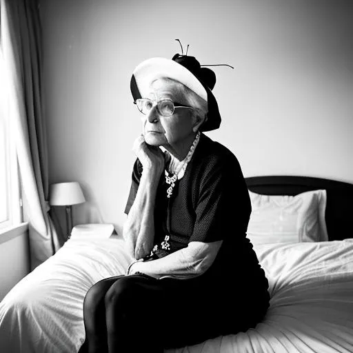 Prompt: RAW photo, a black and white photo of an old lady sitting on the side of a bed in a bedroom arguing with a person who is dressed up as a fly, 2 people, ideal human, (high detailed skin:1.2), 8k uhd, dslr, soft lighting, high quality, film grain, Fujifilm XT3