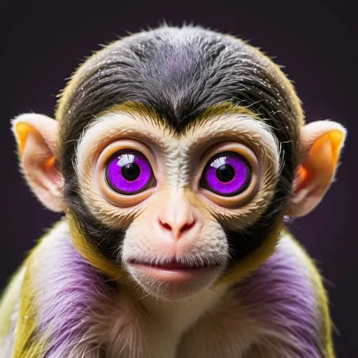 Prompt: Animated squirrel monkey with giant eyes, neon violet moth, retro, minimalistic, gold silver maroon, professional outdoor lighting, detailed eyes, highres, minimalistic, retro, professional, outdoor lighting, vivid colors