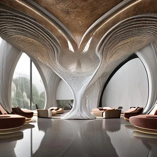 Prompt: interior living room architecture, curved futuristic shapes, white marble, wood and copper furnitures, intricate curved pattern ceiling ./photoreal, zaha hadid, vray