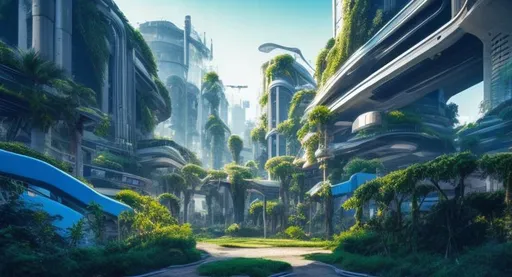 Prompt: Futuristic City Lush Green Overgrown Plants Light Blue Sky High Resolution