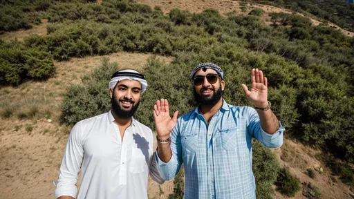 Prompt: Two Arab men holding one of each other hand up to sky standing on a hill, looking at the camera, drone shot, full body, very beautiful, sun in the middle of sky