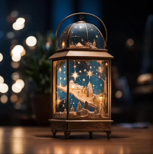 Prompt: 3d constellation map lantern with nativity scene inside, art by Karmen Loh, aesthetic, sparklecore, photorealism, Nikon Z9, tilt shift 