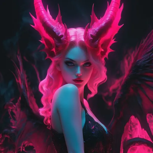 Prompt: beautiful female demon, succubus, hell, demonic, gothic, vaporwave, retro, neon, aesthetic, liminal, high quality, high definition, beautiful, dramatic lighting