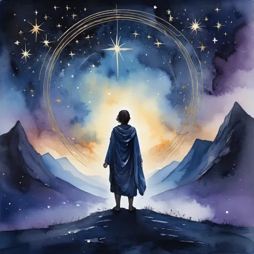 Prompt: Title: Faith's Reach
Medium:

Mixed Media (combining digital art, watercolor, and ink)
Color Palette:

Deep blues and purples for the night sky and battle scenes.
Warm golds, whites, and soft pastels for the elements symbolizing hope, faith, and the stars.
Composition:

Background: A night sky filled with stars, with a gradient from deep indigo at the top to a softer blue near the horizon. The stars should be prominent and varied in size, symbolizing hope and guidance.
Foreground:
On one side, a figure with closed arms and eyes, standing in a shadowy, turbulent environment that represents the battle. This area should have darker, more intense colors with sharp, chaotic lines.
On the opposite side, the same figure now with open arms and eyes, looking up to the stars. This area should be brighter, with smoother lines and a sense of calm and determination.
Central Element:
A pathway of light or energy connecting the two figures, symbolizing the journey from struggle to action and faith. This pathway can be represented by swirling lines of light that start chaotic and gradually become more harmonious as they move towards the figure with open arms and eyes.
Details:
Incorporate subtle, glowing elements around the open figure to signify the presence of faith and inner strength.
Small, symbolic elements like a broken chain or a shattering barrier near the closed figure to represent the obstacles being overcome.
Techniques:

Use a mix of watercolor for the background and softer elements to create a fluid, dreamlike quality.
Employ digital art techniques for sharp details and glowing effects, especially for the stars and pathway of light.
Integrate ink for precise lines and contrast, particularly in the turbulent and chaotic areas.
Mood:

The overall mood should transition from one of struggle and turmoil to one of hope and determination. The viewer should feel the tension of the battle but also the uplifting power of faith and action.
Inspiration:

Look to the works of artists who blend realism with abstract elements to convey deep emotional narratives, such as Sam Spratt or Karla Ortiz.
Consider the use of light and contrast in the works of J.M.W. Turner, particularly in his ability to convey both chaos and calm.