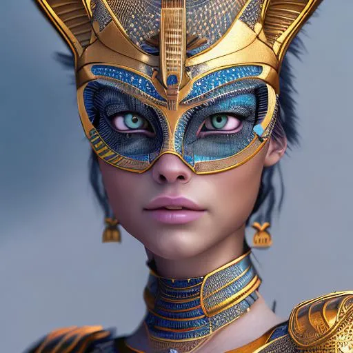 Prompt: cat, queen, armor, feminine, egyptian, cat eyes, pharoah, intricate design, hyper realistic details, cinematic lighting, 3d, 8k