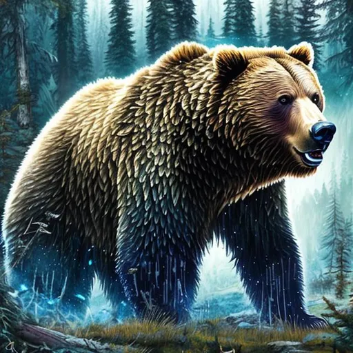 Prompt: 200 pound grizzly bear, blue glowing runic tattoo behind ear, in a battle, forest background, professional, high detail