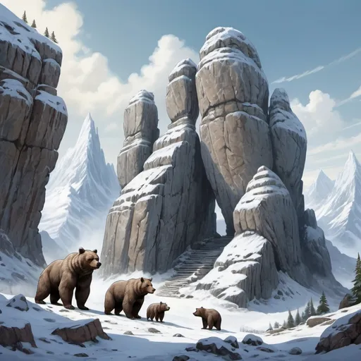 Prompt: Fantasy illustration of a huge rock formation resembling three bears, high quality, rpg-fantasy, detailed, snow covered ruins around, snowy mountain background