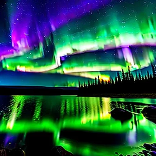 Prompt: Alaskan mountains mid spring
(Lots of wildlife) stary night sky, Northern lights